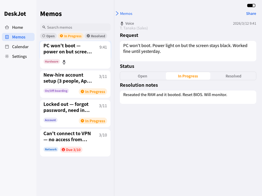 iPad two-pane (list × detail)