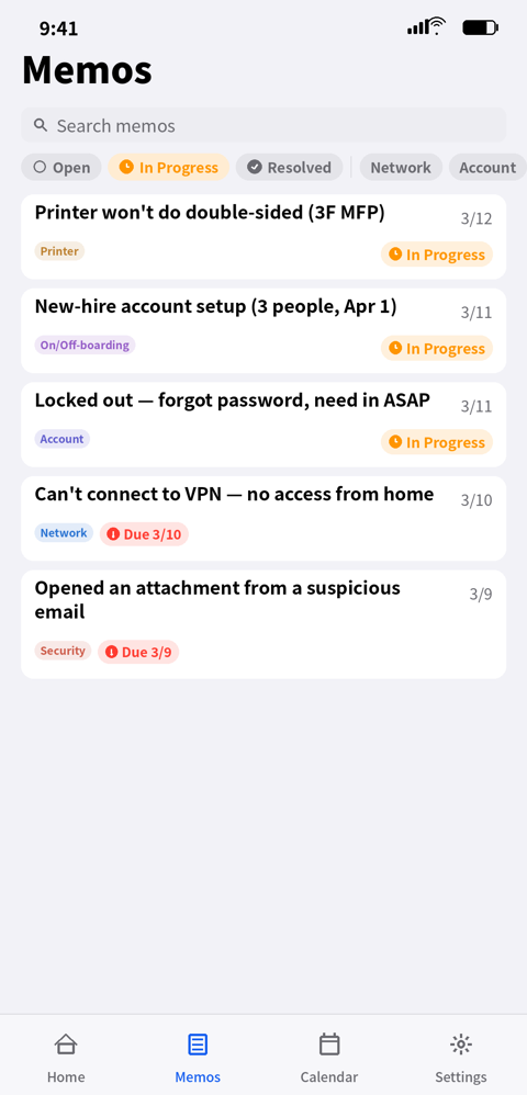 Memos list with filters & search
